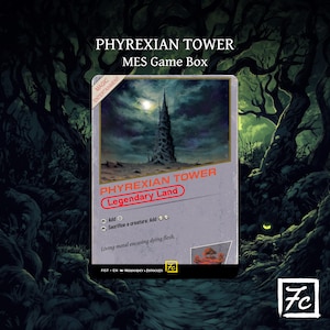 Könnte beinhalten: Spielbox mit dem Artwork der Karte "Phyrexian Tower". Die Karte zeigt einen dunklen Turm unter einem mondbeschienenen Himmel, beschriftet mit "Legendary Land". Die Box ist vor einem dunklen Waldhintergrund mit dem Text "MES Game Box" platziert.