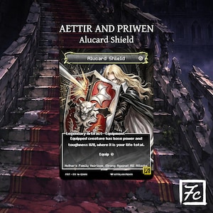 May include: A rectangular trading card titled Alucard Shield featuring a long-haired figure holding a red and silver shield with a lion emblem. The card text reads Legendary Artifact Equipment, Equipped creature has base power and toughness X/X, where X is your life total, Equip 6, and Mother's Family Heirloom Strong Against All Attacks.