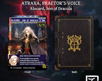 May include: A trading card game card featuring Alucard, Son of Dracula, a legendary creature with flying, vigilance, deathtouch, and lifelink abilities. The card is set against a dark background with a gothic castle in the background. The card has a power of 4 and a toughness of 4.
