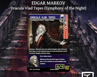 May include: A rectangular trading card titled Dracula Vlad Tepes, featuring a long-haired figure in a dark cape holding a wine glass. The card displays text including Legendary Creature, Vampire Knight, and game mechanics, with a 4/4 power and toughness rating in the bottom corner.
