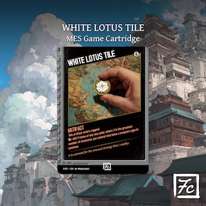 May include: A game cartridge labeled "WHITE LOTUS TILE" with a hand holding a coin featuring a white lotus flower. The card has a map design and text that reads "ARTIFACT". The background shows an illustration of a city with traditional architecture.