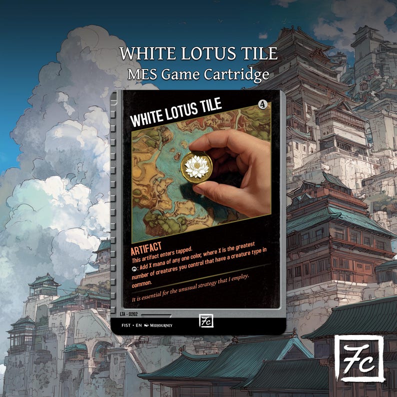 May include: A game cartridge labeled "WHITE LOTUS TILE" with a hand holding a coin featuring a white lotus flower. The card has a map design and text that reads "ARTIFACT". The background shows an illustration of a city with traditional architecture.