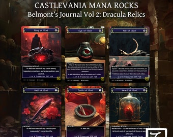 May include: Six collectible cards featuring illustrations of Dracula's relics from the Castlevania video game series. Each card has a unique name and description, such as "Ring of Vlad" and "Eye of Vlad".