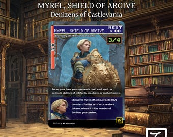 May include: A fantasy card featuring "MYREL, SHIELD OF ARGIVE" with a blonde woman in armor holding a lion shield. The card has text describing its abilities and is set against a library backdrop. The card is part of the "Denizens of Castlevania" series.