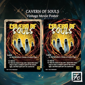 Puede incluir: Se muestran dos carteles de cine vintage titulados "CAVERN OF SOULS". Los carteles presentan una escena de cueva oscura con figuras brillantes y texto. Los carteles tienen un aspecto envejecido y desgastado, con el texto "Land" e instrucciones del juego.