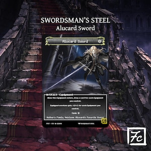 May include: A rectangular trading card titled Alucard Sword featuring a long-haired character in a black coat holding a silver sword. The card text includes Artifact Equipment, game mechanics, and the flavor text Mother's Family Heirloom, Alucard's Favorite Sword.