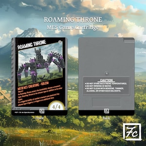 May include: A collectible card game card featuring a grey and purple mechanical creature with the text "Roaming Throne" and "Artifact Creature - Golem" on the front. The back of the card has a caution label with instructions for handling the card.