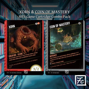 Könnte beinhalten: Zwei rechteckige Spielkarten mit der Aufschrift XORN & COIN OF MASTERY MES Game Cartridge Combo Pack. Die linke Karte zeigt eine braune Kreatur mit großem Maul, die rechte Karte zeigt schwebende Goldmünzen. Beide Karten enthalten Text.