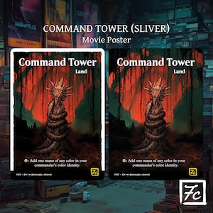 May include: Two identical Command Tower land cards featuring a central spiky, coiled creature illustration against a dark red background. The text reads Command Tower, Land, and includes the ability text: Add one mana of any color in your commander's color identity.