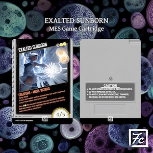 May include: An Exalted Sunborn MES game cartridge and card are shown. The card has an angel wizard illustration and text. The cartridge is grey with a caution label. The background is dark with colourful circular shapes.