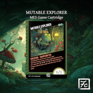 May include: A fantasy-themed trading card featuring a green creature with a backpack and staff, labeled "Mutable Explorer." The card has a forest background and text describing its abilities. The card is 2.5 inches by 3.5 inches.