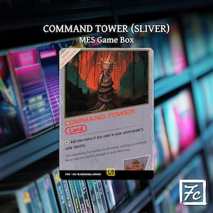May include: A Magic: The Gathering card titled "COMMAND TOWER (SLIVER)" from the MES Game Box. The card features a fantasy illustration of a towering, gnarled tree-like structure against a red and green background. The card is labeled "Land".