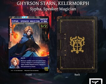 May include: A trading card game card featuring a female character with red hair and a blue robe. The card is titled "Sypha, Speaker Magician" and has a power rating of 3/2. The card is from the game "Ghyrson Starn, Kelermorph".