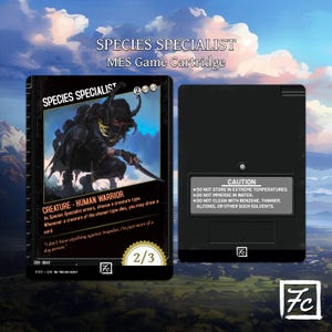 May include: A black and white card with a black and red illustration of a masked warrior. The card is titled "Species Specialist" and has a 2/3 power rating. The card text reads "As Species Specialist enters, choose a creature type. Whenever a creature of the chosen type dies, you may draw a card."