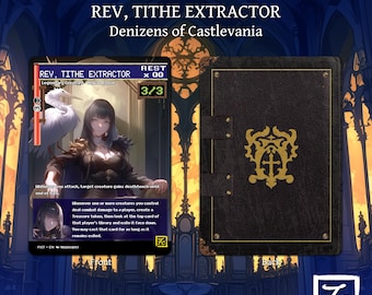 May include: A trading card game card featuring a woman with dark hair and a white bird. The card is titled "Rev, Tithe Extractor" and has a 3/3 power and toughness rating. The card text reads "Whenever one or more creatures you control deal combat damage to a player, create a Treasure token, then look at the top card of that player's library and exile it face down. You may cast that card for as long as it remains exiled."