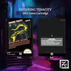 May include: A card game cartridge featuring a black and yellow snake illustration on the front. The card is titled "Enduring Tenacity" and has a power rating of 4/3. The back of the cartridge has a warning label with instructions for care.