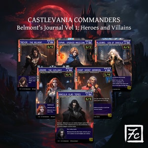 May include: A set of six trading cards featuring characters from the Castlevania video game series. The cards are designed in a fantasy style with illustrations of the characters and their names. The cards are part of a set called "Belmont's Journal Vol 1: Heroes and Villains".