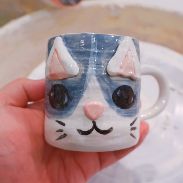 Whimsical Hand Painted Cat Mug - Unique Handmade Ceramic Cup