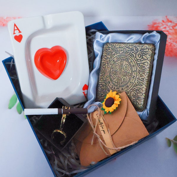 Smoking Lover's Gift Box: Includes ashtray, iron cigarette case, cigarette holder ring  Brass Cigarette Case, Retro Card Deck Ashtray