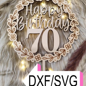Corte a laser, Aniversário Caketopper, SVG/DXF, 70 Aniversário, Arquivo Laser, Download, Caketopper digital