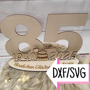 85 歳の誕生日 2025 スタンディ、DXF + SVG ファイル、レーザー カット用、テンプレート、デジタル ダウンロード、ギフトアイデア、ゲストブック、パーソナライズ