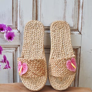 Woven Beach Sandals: Pink Anthurium, Hawaiian Hula Bridal Shoes