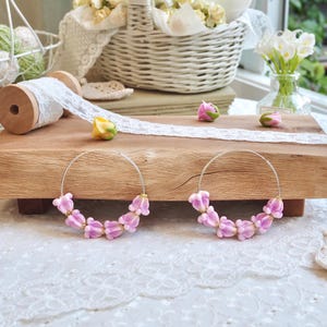 Pink crown flower Earring with Hoop Earrings - 925 Sterling Silver,Hawaiian flower jewelry,Lightweight,classic earrings(hoop 1.5 *55 mm)