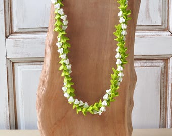 Handmade Green Pakalana Crown Flower Lei, Thai Clay Necklace, Aloha Hula Accessories