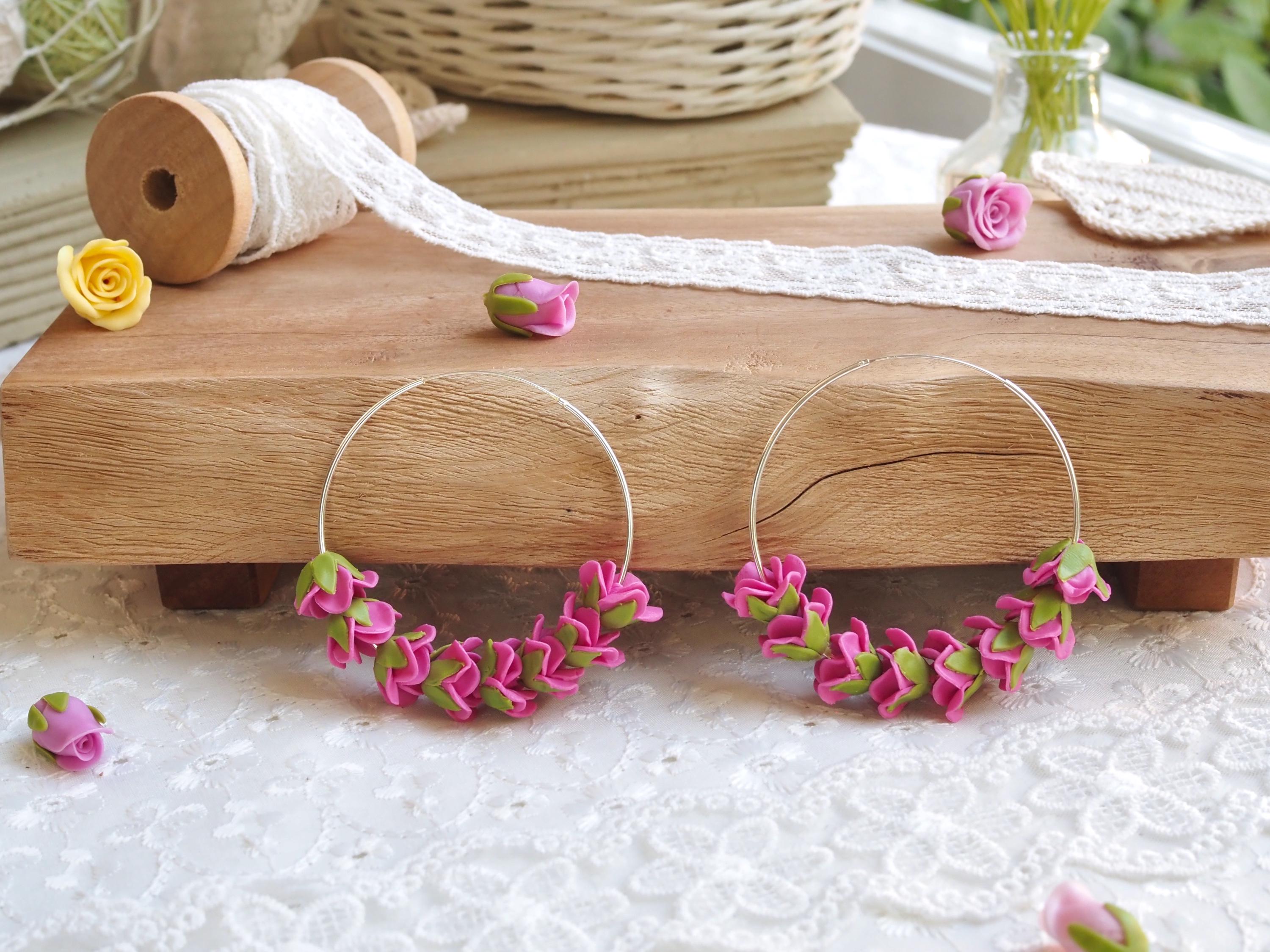 Pink Rose Earring with Hoop Earrings - 925 Sterling Silver,Hawaiian flower jewelry,Lightweight,Lokelani earrings(hoop 1.5 /55 mm)