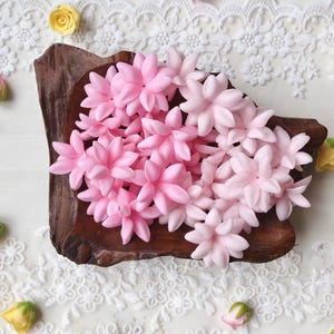 Puede incluir: Una colección de pequeñas flores rosas de múltiples pétalos dispuestas en un cuenco de madera oscuro e irregular. Las flores varían en tonos desde el rosa pastel claro hasta un rosa más vibrante, con un acabado mate y pétalos en forma de estrella.