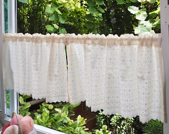 Lace Cafe Curtain Pair | Light Yellow Vintage Shabby Chic, Tie Backs