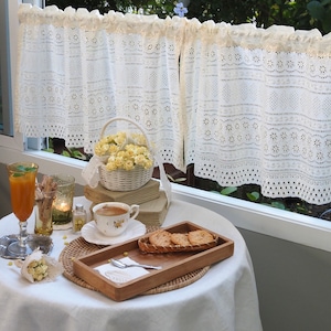 Pair of Light yellow Eyelet Lace Cafe Curtain with curtain tie backs | Shabby Chic  | vintage Lace cafe curtain | kitchen curtain ,Bathroom