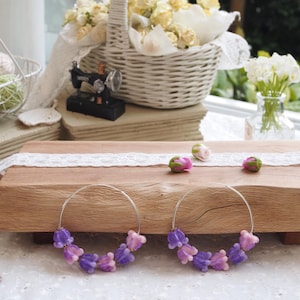 Purple & Pink -purple Crown flower Earring with Hoop Earrings - 925 Sterling Silver,Hawaiian flower jewelry,Lightweight,( hoop 1.5*55 mm )