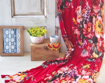 Red Floral Cotton Scarf with Boho Earrings, Summer Shawl