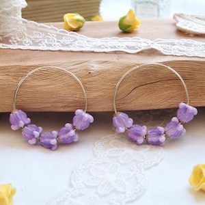 Crown flower Earring  with Thin Hoop Earrings - 925 Sterling Silver , Hawaiian flower clay jewelry,Lightweight ,classic earrings, hoop 50 mm