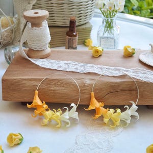 Puakenikeni Earring ( white, yellow, orange) with Thin Hoop Earrings - 925 Sterling Silver ,Hawaiian flower clay jewelry,hoop earrings 60 mm
