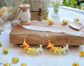 Puakenikeni Earring ( white, yellow, orange) with Thin Hoop Earrings - 925 Sterling Silver ,Hawaiian flower clay jewelry,hoop earrings 60 mm