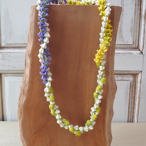 Handmade Purple, Yellow & White Clay Flower Lei, Hawaiian Necklace
