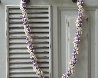 Purple crown flower and White Crown flower Clay Lei, Hawaiian Clay Lei , Summer Necklace, Aloha Lei , Artificial lei , Hula Accessories,