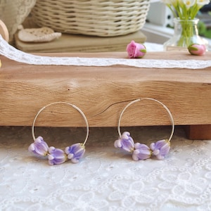 Purple crown flower Earring with Hoop Earrings - 925 Sterling Silver,Hawaiian flower jewelry,Lightweight,Classic earrings(hoop 1.5 *40 mm)