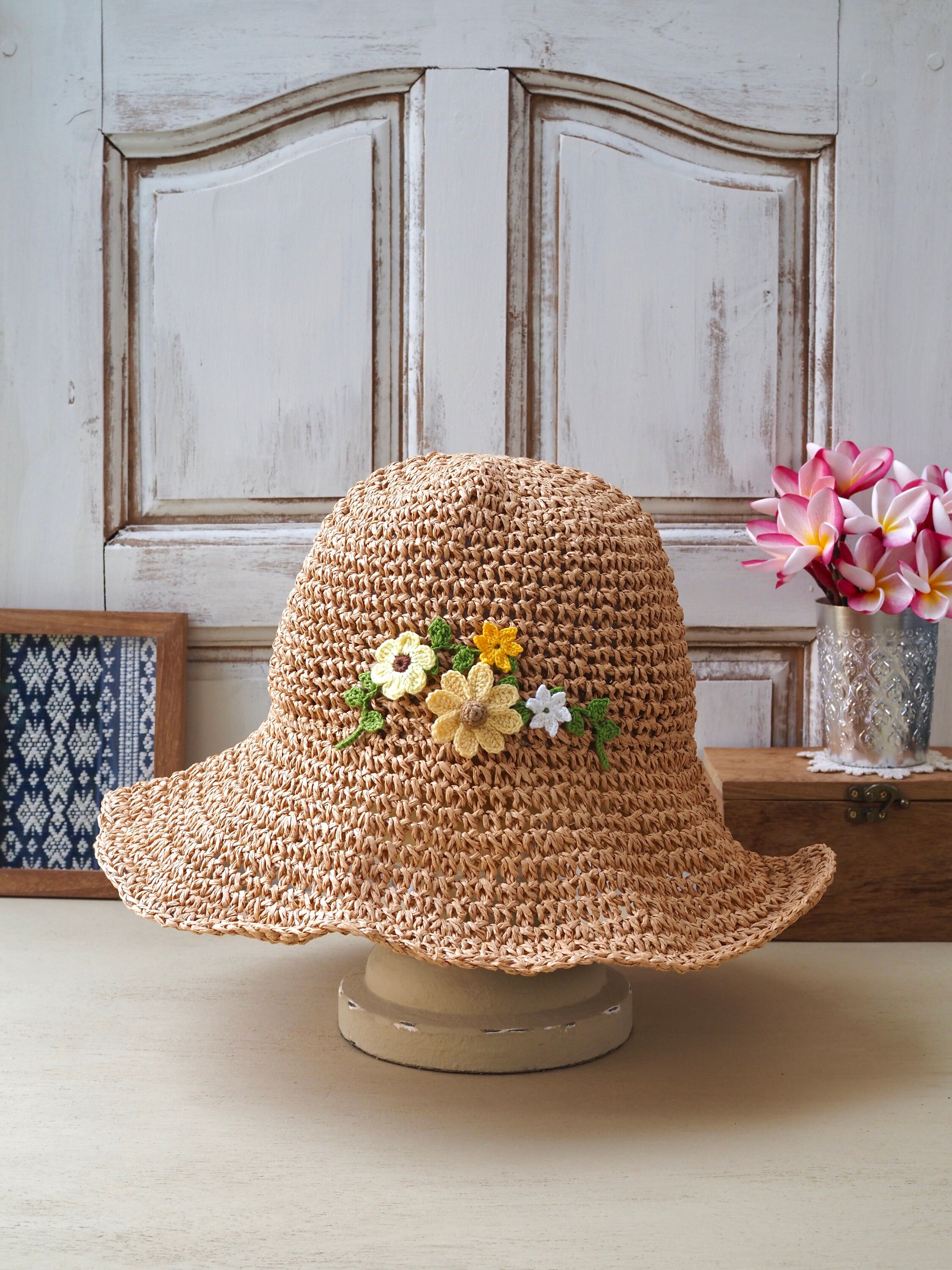 Floral Crochet Straw Sun Hat: Boho Chic Wide Brim - Etsy display picture 1