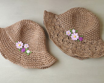 Cappello Di Paglia All'uncinetto Per Donna - Tesa Larga Floppy, Regolabile - Fatto A Mano - Beige - 2