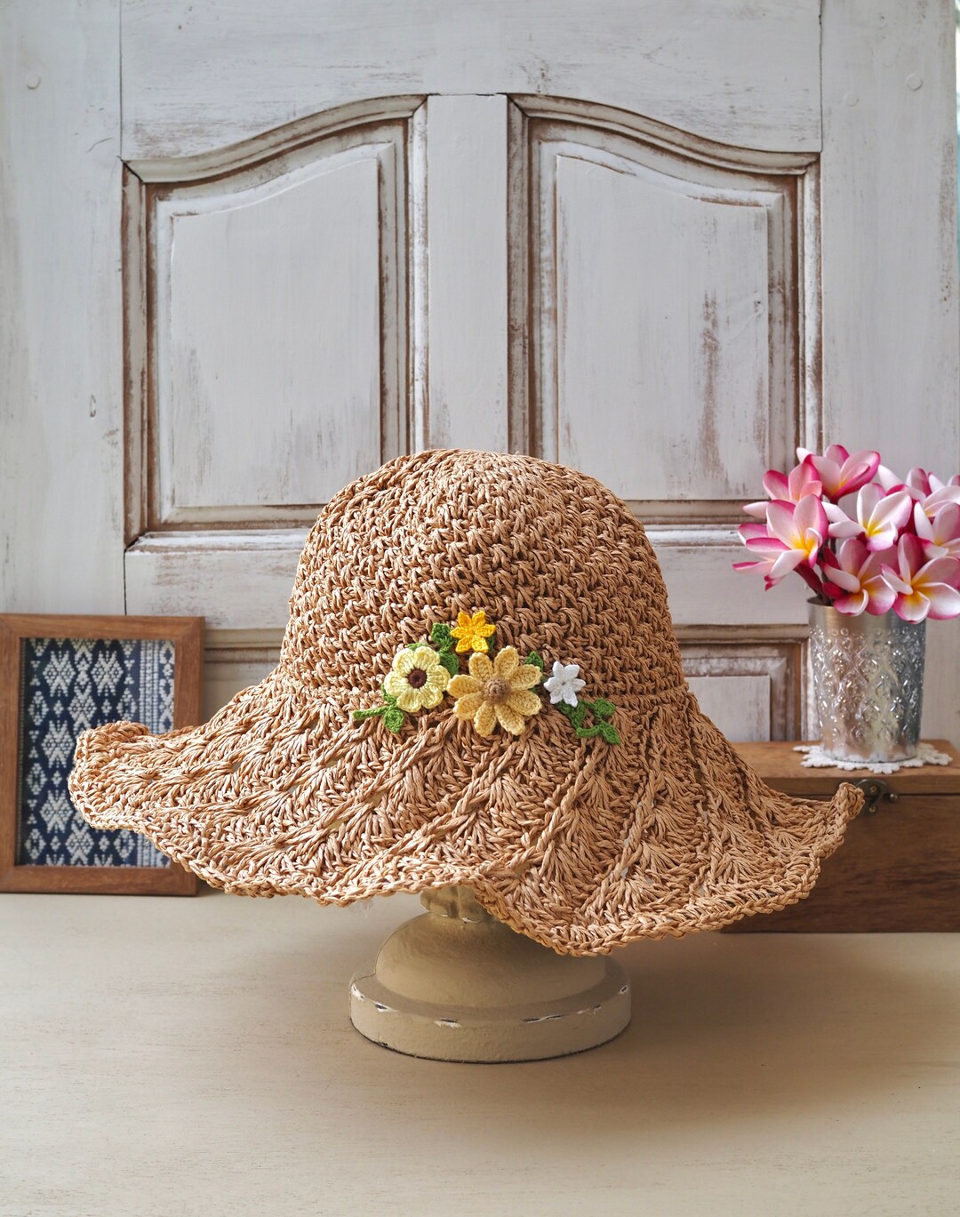 Cappello Di Paglia Donna Con Fiori - Tesa Larga Pieghevole Per Estate - Foto 3