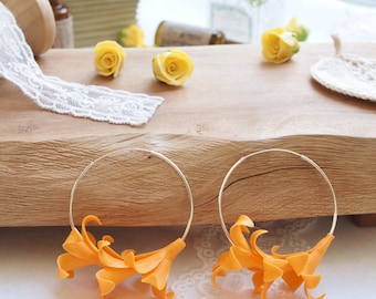 Puakenikeni Earring ( Orange) with Thin Hoop Earrings - 925 Sterling Silver , Hawaiian flower clay jewelry,Lightweight , hoop earrings 45 mm