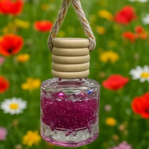 May include: A clear glass car air freshener with a wooden cap and a pink glitter interior, suspended by a beige rope. The background is a blurred field of colorful flowers, including red poppies and white daisies.