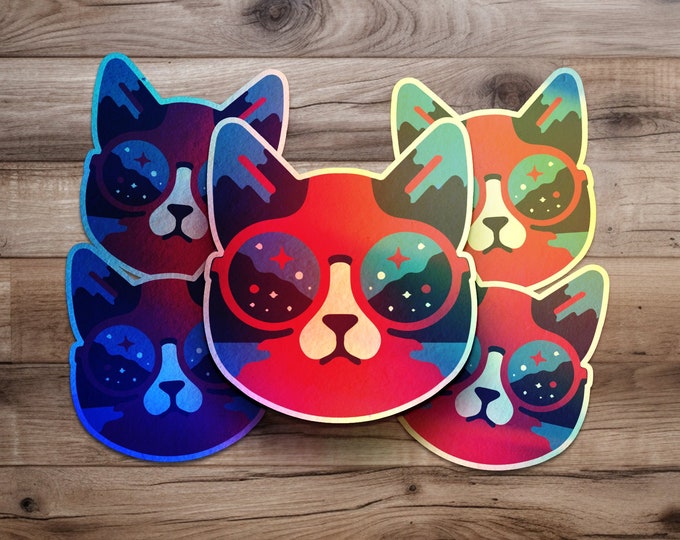 Space Lofi Cat With Trippy Glasses Holographic Space Art Stickers
