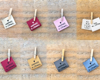 50mmx25mm doblado (espejado) tela 100% algodón Hecho a mano en Cornualles coser en etiquetas, etiquetas de ropa, ropa personalizada, algodón con o texto