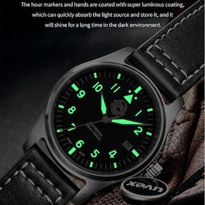 May include: A black watch with a luminous green dial, featuring a black leather strap and a silver case. The watch face displays the time with glowing green markers and hands. The text "C3 Super-Luminous luminous coating" is at the top of the image.