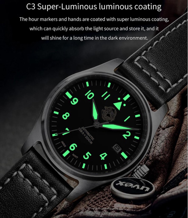 May include: A black watch with a luminous green dial, featuring a black leather strap and a silver case. The watch face displays the time with glowing green markers and hands. The text "C3 Super-Luminous luminous coating" is at the top of the image.
