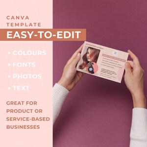 Peut inclure: Un mod&egrave;le Canva rose et blanc avec le texte "EASY-TO-EDIT" dans un encadr&eacute; marron. Le mod&egrave;le est personnalisable avec des couleurs, des polices, des photos et du texte. Il est id&eacute;al pour les entreprises de produits ou de services.